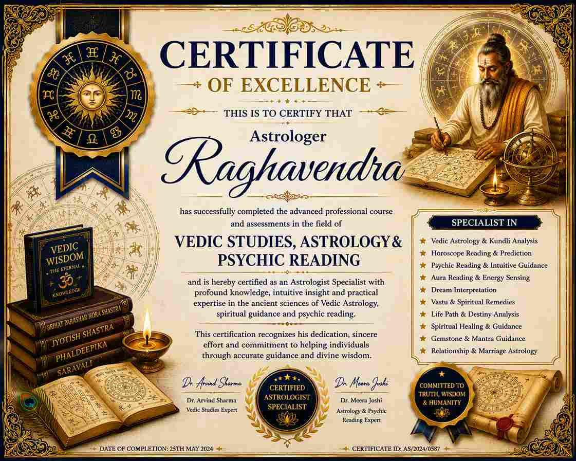 Certificate of Excellence awarded to Astrologer Raghavendra for advanced training in Vedic Studies, Astrology, Kundli Analysis, and Psychic Reading.